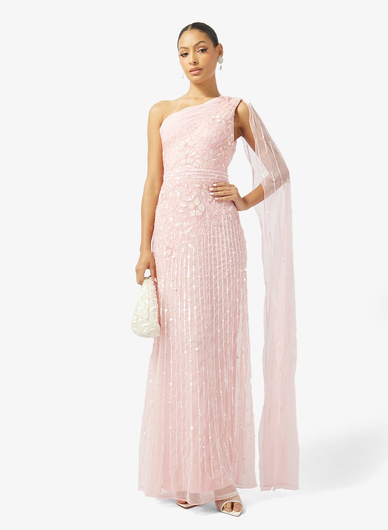 نمشي x فستان سهرة بكتف واحد مزين بالخرز مع كاب - Image 5